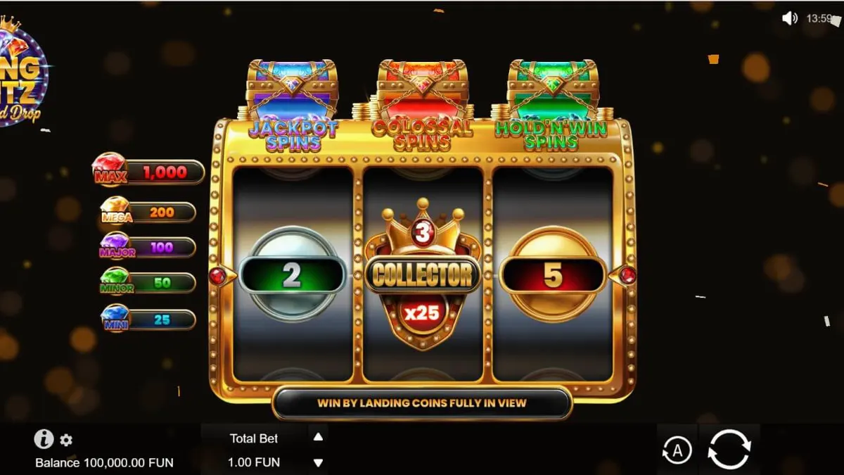 Tampilan visual mewah dari slot Bling Blitz Diamond Drop dengan simbol berlian dan koin emas.