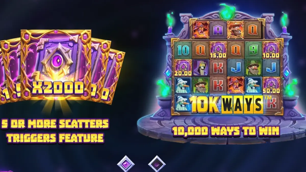 Tampilan visual slot Wizbang Brawl 10K Ways dengan tema penyihir dan pertarungan magis