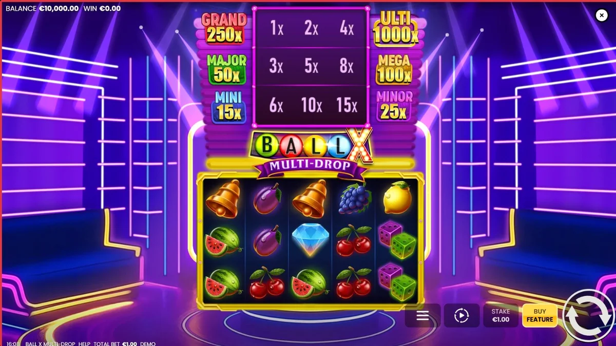 Tampilan visual neon dari slot Ball X Multi-Drop dengan simbol klasik