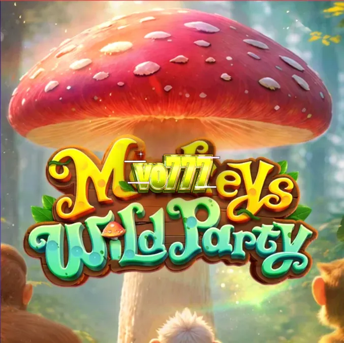 Tampilan visual permainan slot Monkeys Wild Party dengan karakter monyet dan jamur ajaib