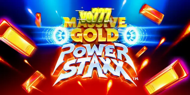 Pemandangan futuristik dari slot Massive Gold Power Staxx dengan simbol emas dan latar belakang galaksi.